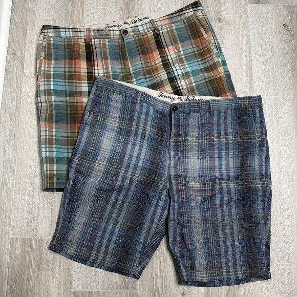 Tommy Bahama Men's Linen Shorts Size 42 Multicolor Plaid 10’’ Inseam Bermuda x 2 - Picture 1 of 11
